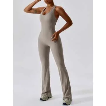 ABOCIW Womens Flare Jumpsuits Sleeveless Cut Out Back Bodycon One Piece Full Length Yoga Jumpsuits Casual Unitard Playsuit Workout Rompers #1 Khaki Medium