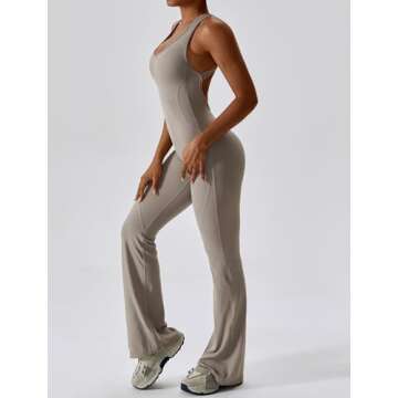 ABOCIW Womens Flare Jumpsuits Sleeveless Cut Out Back Bodycon One Piece Full Length Yoga Jumpsuits Casual Unitard Playsuit Workout Rompers #1 Khaki Medium