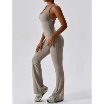 ABOCIW Womens Flare Jumpsuits Sleeveless Cut Out Back Bodycon One Piece Full Length Yoga Jumpsuits Casual Unitard Playsuit Workout Rompers #1 Khaki Medium