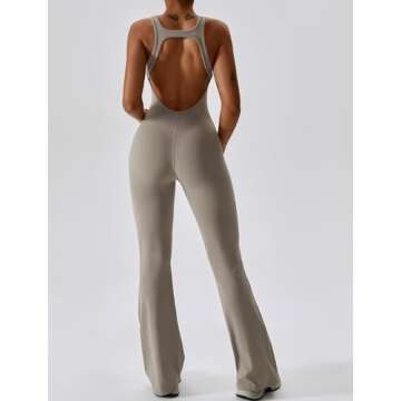 ABOCIW Womens Flare Jumpsuits Sleeveless Cut Out Back Bodycon One Piece Full Length Yoga Jumpsuits Casual Unitard Playsuit Workout Rompers #1 Khaki Medium
