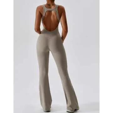 ABOCIW Womens Flare Jumpsuits Sleeveless Cut Out Back Bodycon One Piece Full Length Yoga Jumpsuits Casual Unitard Playsuit Workout Rompers #1 Khaki Medium