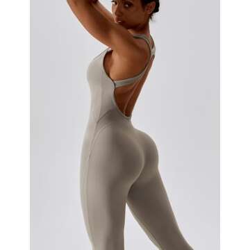 ABOCIW Womens Flare Jumpsuits Sleeveless Cut Out Back Bodycon One Piece Full Length Yoga Jumpsuits Casual Unitard Playsuit Workout Rompers #1 Khaki Medium