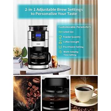 10-Cup Drip Coffee Maker, Grind and Brew Automatic Coffee Machine with Built-In Burr Coffee Grinder, Programmable Timer Mode and Keep Warm Plate, 1.5L Large Capacity Water Tank Coffee Serving Sets