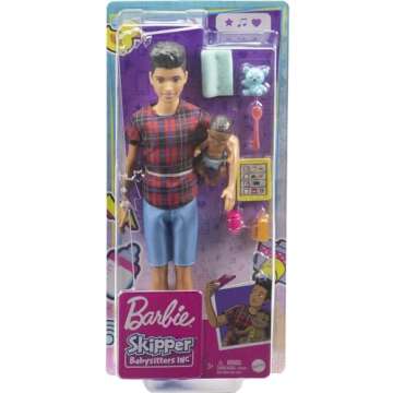 Barbie Skipper Babysitters Inc. Doll & Accessories Set with 9-in Brunette Boy Doll, Baby Doll & 4 Storytelling Pieces for 3 to 7 Year Olds