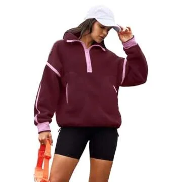 Panadila Womens Half Zip Sherpa Fleece Pullover Soft Oversized Sweatshirt with Pockets Warm Fuzzy Sweater (Burgundy,L)