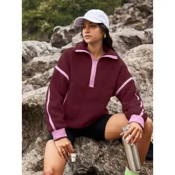 Panadila Womens Half Zip Sherpa Fleece Pullover Soft Oversized Sweatshirt with Pockets Warm Fuzzy Sweater (Burgundy,L)