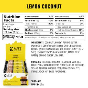 Kate’s Real Food Organic Energy Bars, Non-GMO, All-Natural Ingredients, Gluten-Free and Soy-Free Healthy Snack with Natural Flavors, Lemon Coconut (Pack of 6)