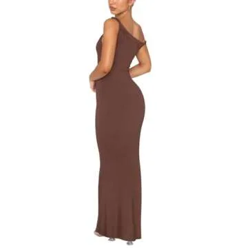 REORIA Women's Sexy One Shoulder Long Dress Formal Elegant Wedding Guest Sleeveless Ribbed Bodycon Maxi Dresses Coffee S