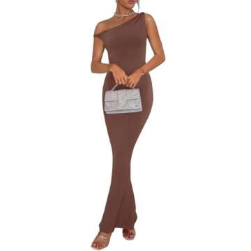 REORIA Women's Sexy One Shoulder Long Dress Formal Elegant Wedding Guest Sleeveless Ribbed Bodycon Maxi Dresses Coffee S