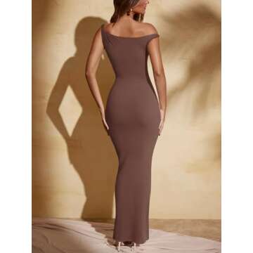 REORIA Women's Sexy One Shoulder Long Dress Formal Elegant Wedding Guest Sleeveless Ribbed Bodycon Maxi Dresses Coffee S