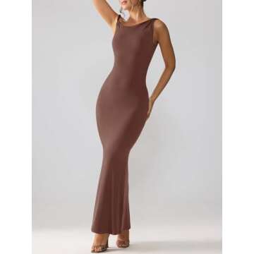 REORIA Women's Sexy One Shoulder Long Dress Formal Elegant Wedding Guest Sleeveless Ribbed Bodycon Maxi Dresses Coffee S