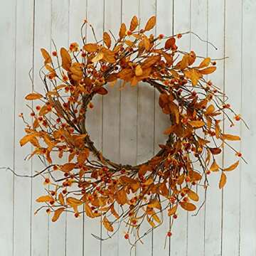 AMF0RESJ Artificial Fall Wreath for Front Door Autumn Door Wreath with Bitter Sweet Berry,Dry Vine Branches for Indoor Outdoor Farmhouse Home Wall Window Festival Wedding Decor, Gift Boxes Included