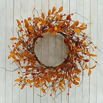 AMF0RESJ Artificial Fall Wreath for Front Door Autumn Door Wreath with Bitter Sweet Berry,Dry Vine Branches for Indoor Outdoor Farmhouse Home Wall Window Festival Wedding Decor, Gift Boxes Included