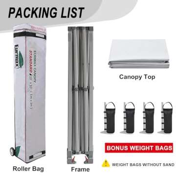 Eurmax USA Standard 10x10ft Patio Pop Up Canopy Tent for Outdoor Events Commercial Instant Canopies with Heavy Duty Roller Bag,Bonus 4 Canopy Sand Bags (White)