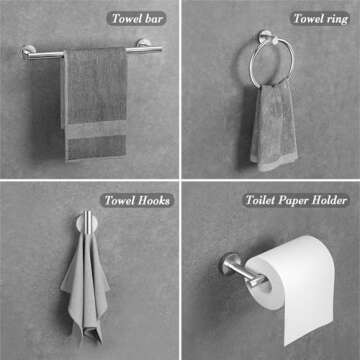 Brushed Nickel Bathroom Accessories Set - 5 Piece Round Stainless Steel Bath Hardware Accessory Incl...