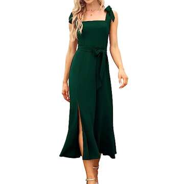 Women's Elegant Bridesmaid Dresses Square Neck Ruffle Split Midi Formal Dress for Wedding Guest Cock...