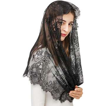 PAMOR Spanish Style Lace Traditional Vintage Inspired Infinity Shape Mantilla Veil Latin Mass Head Covering (Black)