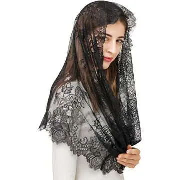 PAMOR Spanish Style Lace Traditional Vintage Inspired Infinity Shape Mantilla Veil Latin Mass Head Covering (Black)