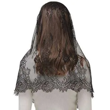 PAMOR Spanish Style Lace Traditional Vintage Inspired Infinity Shape Mantilla Veil Latin Mass Head Covering (Black)