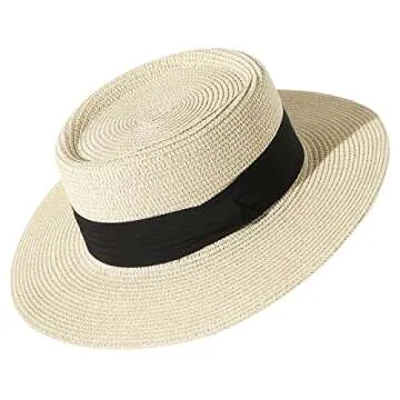Lanzom UPF50+ Women Wide Brim Straw Panama Sun Hat Boater Summer Beach Sun Hat (Beige)