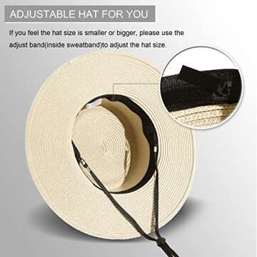 Lanzom UPF50+ Women Wide Brim Straw Panama Sun Hat Boater Summer Beach Sun Hat (Beige)