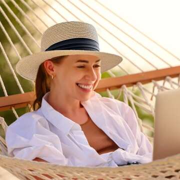 Lanzom UPF50+ Women Wide Brim Straw Panama Sun Hat Boater Summer Beach Sun Hat (Beige)