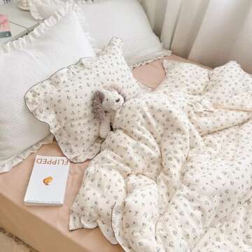 BuLuTu 100% Cotton Baby Girls Duvet Cover with Ruffles Floral Print Beige Duvet Cover Toddler Beddin...