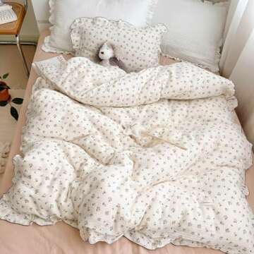 BuLuTu 100% Cotton Baby Girls Duvet Cover with Ruffles Floral Print Beige Duvet Cover Toddler Bedding Quilted Cover, 47"x59", Rose Print (No Pillow Cases)