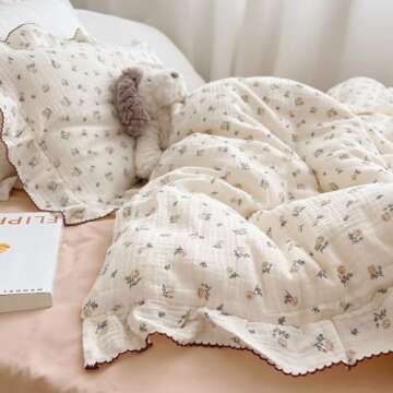 BuLuTu 100% Cotton Baby Girls Duvet Cover with Ruffles Floral Print Beige Duvet Cover Toddler Bedding Quilted Cover, 47"x59", Rose Print (No Pillow Cases)