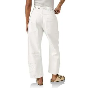 Cicy Bell Womens Baggy Barrel Horseshoe Jeans Wide Leg Drawstring Vintage Denim Pants with Front Pockets White