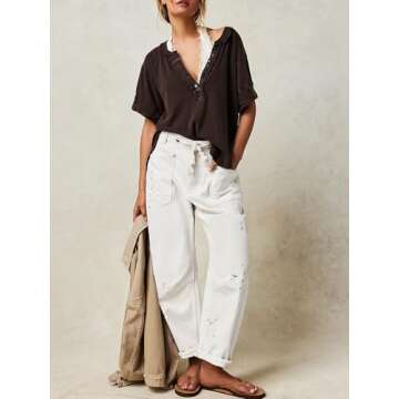 Cicy Bell Womens Baggy Barrel Horseshoe Jeans Wide Leg Drawstring Vintage Denim Pants with Front Pockets White