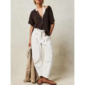 Cicy Bell Womens Baggy Barrel Horseshoe Jeans Wide Leg Drawstring Vintage Denim Pants with Front Pockets White