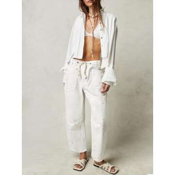 Cicy Bell Womens Baggy Barrel Horseshoe Jeans Wide Leg Drawstring Vintage Denim Pants with Front Pockets White