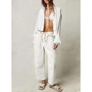 Cicy Bell Womens Baggy Barrel Horseshoe Jeans Wide Leg Drawstring Vintage Denim Pants with Front Pockets White