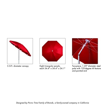 Picnic Time 5.5' Outdoor Beach Umbrella, Adjustable Canopy