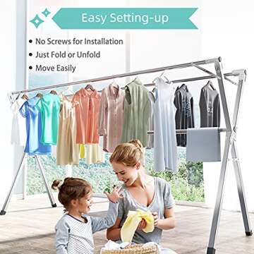 YACASA Clothes Drying Rack, 79 inch Heavy Duty Stainless Steel Laundry Drying Rack, Foldable &Length Adjustable Space Saving Garment Rack, with 20 Windproof Hooks.