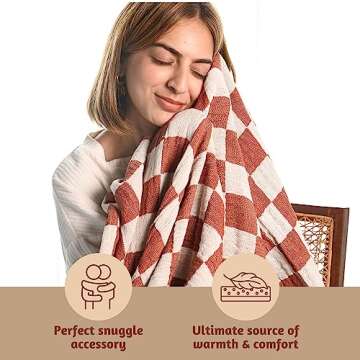 Folkulture 100% Cotton Throw Blanket, Rust Checks, 50x60in, Soft, Lightweight, Travel, Napping, All Seasons, Machine Wash