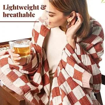 Folkulture 100% Cotton Throw Blanket, Rust Checks, 50x60in, Soft, Lightweight, Travel, Napping, All Seasons, Machine Wash