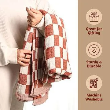 Folkulture 100% Cotton Throw Blanket, Rust Checks, 50x60in, Soft, Lightweight, Travel, Napping, All Seasons, Machine Wash
