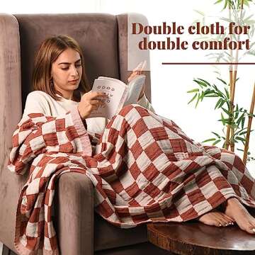 Folkulture 100% Cotton Throw Blanket, Rust Checks, 50x60in, Soft, Lightweight, Travel, Napping, All Seasons, Machine Wash