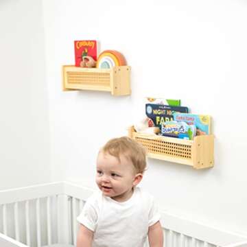 2 Set of Wall Bookshelf – Nursery Shelves w/ Metal Anchors, Screws, Level, Instructions – Versatile Kids Floating Bookshelf to Organize Books, Toys – Sturdy, PVC Rattan Wooden Shelf