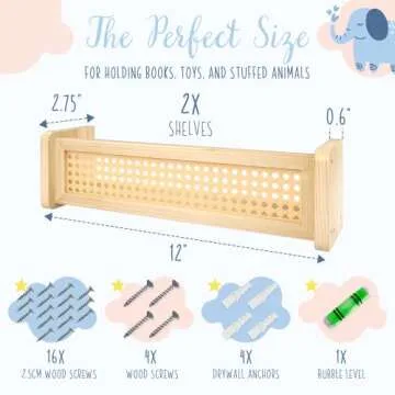 2 Set of Wall Bookshelf – Nursery Shelves w/ Metal Anchors, Screws, Level, Instructions – Versatile Kids Floating Bookshelf to Organize Books, Toys – Sturdy, PVC Rattan Wooden Shelf