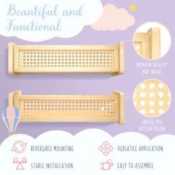 2 Set of Wall Bookshelf – Nursery Shelves w/ Metal Anchors, Screws, Level, Instructions – Versatile Kids Floating Bookshelf to Organize Books, Toys – Sturdy, PVC Rattan Wooden Shelf