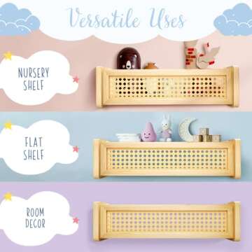 2 Set of Wall Bookshelf – Nursery Shelves w/ Metal Anchors, Screws, Level, Instructions – Versatile Kids Floating Bookshelf to Organize Books, Toys – Sturdy, PVC Rattan Wooden Shelf