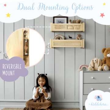 2 Set of Wall Bookshelf – Nursery Shelves w/ Metal Anchors, Screws, Level, Instructions – Versatile Kids Floating Bookshelf to Organize Books, Toys – Sturdy, PVC Rattan Wooden Shelf