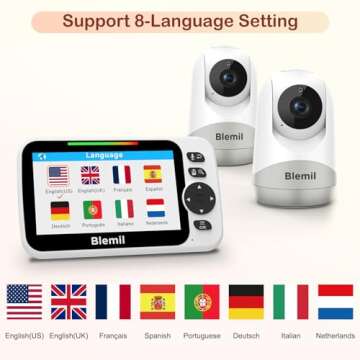 Blemil Baby Monitor,5" Large Split-Screen Video Baby Monitor with 2 Cameras and Audio, Remote Pan/Tilt/Zoom, Two-Way Talk, Room Temperature Monitor, Auto Night Vision, Power Saving/Vox