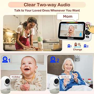 Blemil Baby Monitor,5" Large Split-Screen Video Baby Monitor with 2 Cameras and Audio, Remote Pan/Tilt/Zoom, Two-Way Talk, Room Temperature Monitor, Auto Night Vision, Power Saving/Vox
