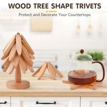 FZMEHL Wooden Trivets for Hot Dishes, Tree Trivet Set, Stackable Tree Coasters for Hot Dish, Pot, Bowl, Teapot, Include 4 Trivet and 1 Stand