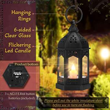 12 Pieces Mini Lanterns with Flickering LED Candle, Batteries Included, Decorative Hanging Candle Lantern for Indoor Use, Wedding, Party, Table Centerpiece (Black,)