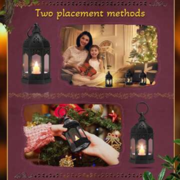12 Pieces Mini Lanterns with Flickering LED Candle, Batteries Included, Decorative Hanging Candle Lantern for Indoor Use, Wedding, Party, Table Centerpiece (Black,)